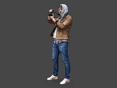Man In Brown Jacket Hoodie And Jeans Taking Photos With Camera 3d model