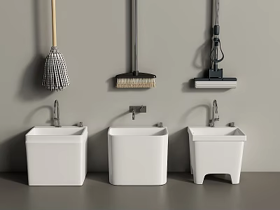 Three White Mop Sinks With Wall Mounted Cleaning Tools And Accessories 3d model