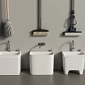 Three White Mop Sinks With Wall Mounted Cleaning Tools And Accessories 3d model