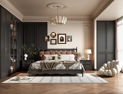Elegant Classic Bedroom Interior Design With Dark Wardrobes Framed Art And Chandelier 3d model