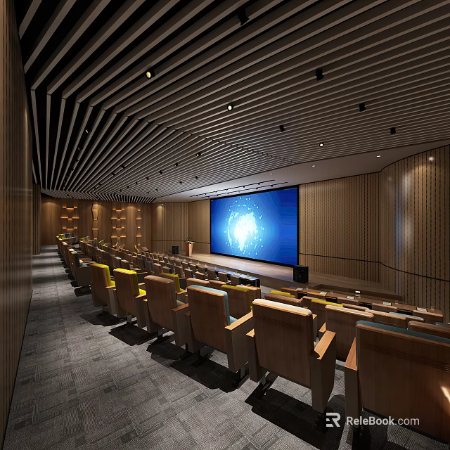 Modern Conference Room Interior Featuring Rows Of Seats Large Screen And Wooden Walls 3d model 