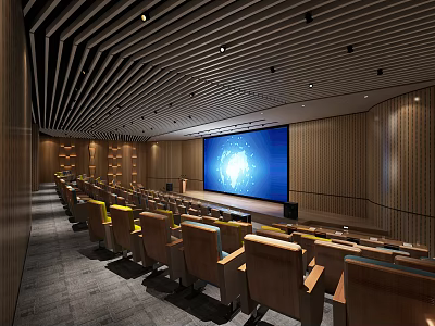 Modern Conference Room Interior Featuring Rows Of Seats Large Screen And Wooden Walls 3d model