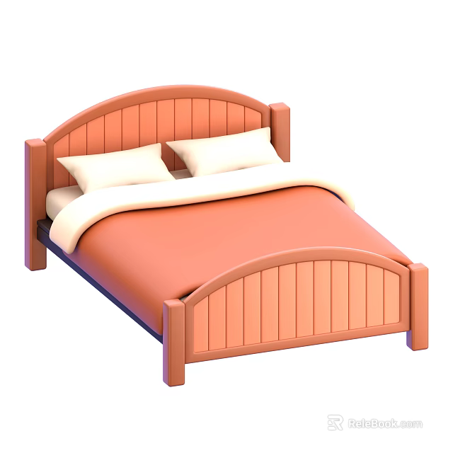 Double Bed With Wooden Frame Curved Headboard White Pillows And Orange Quilt 3d model 