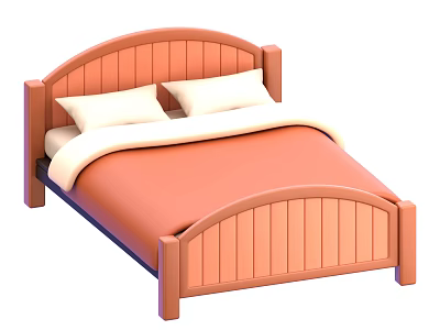 Double Bed With Wooden Frame Curved Headboard White Pillows And Orange Quilt 3d model