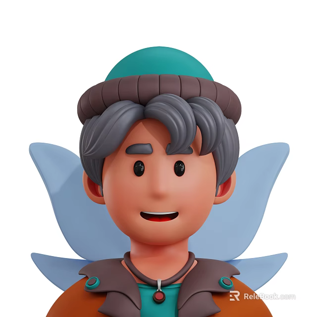 Cartoon Game and Movie Character With Gray Hair Green Brown Hat Blue Wings And Smiling 3d model 