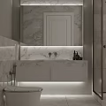 Modern Bathroom Interior Design With Marble Walls Large Mirror White Vanity And Shower Toiletries
