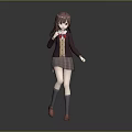 Anime Style Game Movie Character Brown Hair School Uniform Red Bow Plaid Skirt Standing Pose
