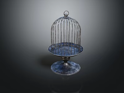 Decorative Ornament Set with Birdcage Design Metal Structure Round Base and Tray 3d model
