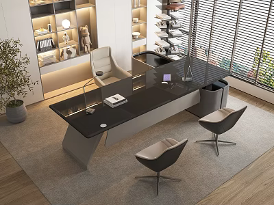 Modern Office Desk With Black Tabletop Two Chairs Illuminated Bookshelf And Potted Plant Near Window 3d model