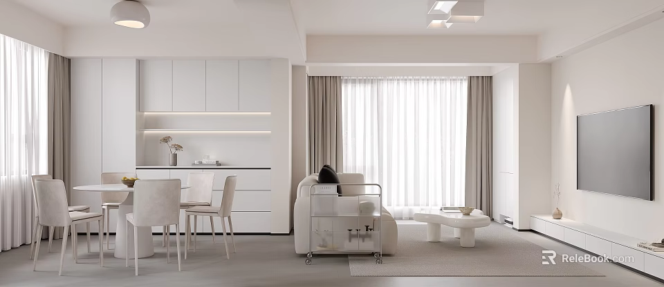 Modern Minimalist Dining and Living Room Interior With White Furniture Light Curtains And Warm Lighting 3d model 