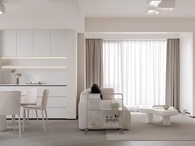 Modern Minimalist Dining and Living Room Interior With White Furniture Light Curtains And Warm Lighting 3d model