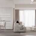 Modern Minimalist Dining and Living Room Interior With White Furniture Light Curtains And Warm Lighting