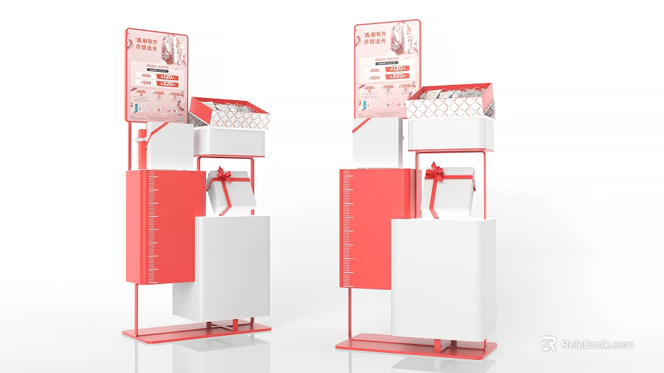 Art Installation Featuring Red And White Display Stand With Signage Basket Drawer And Bow Decoration 3d model 