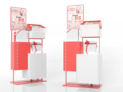 Art Installation Featuring Red And White Display Stand With Signage Basket Drawer And Bow Decoration 3d model