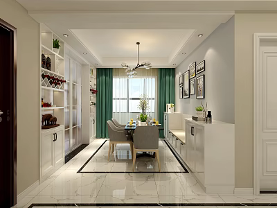 Elegant Modern Dining Room Interior Design With Dining Table Chairs Wine Rack And Green Curtains 3d model