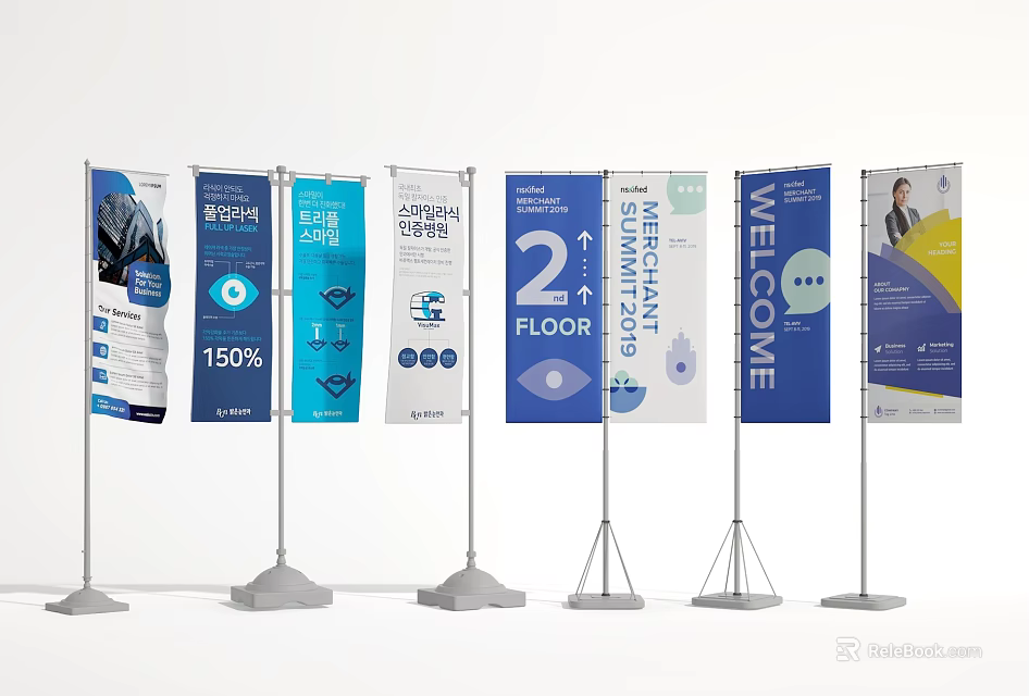 Multiple Advertising Billboards With Various Designs Blue Color And Stand Supports 3d model 