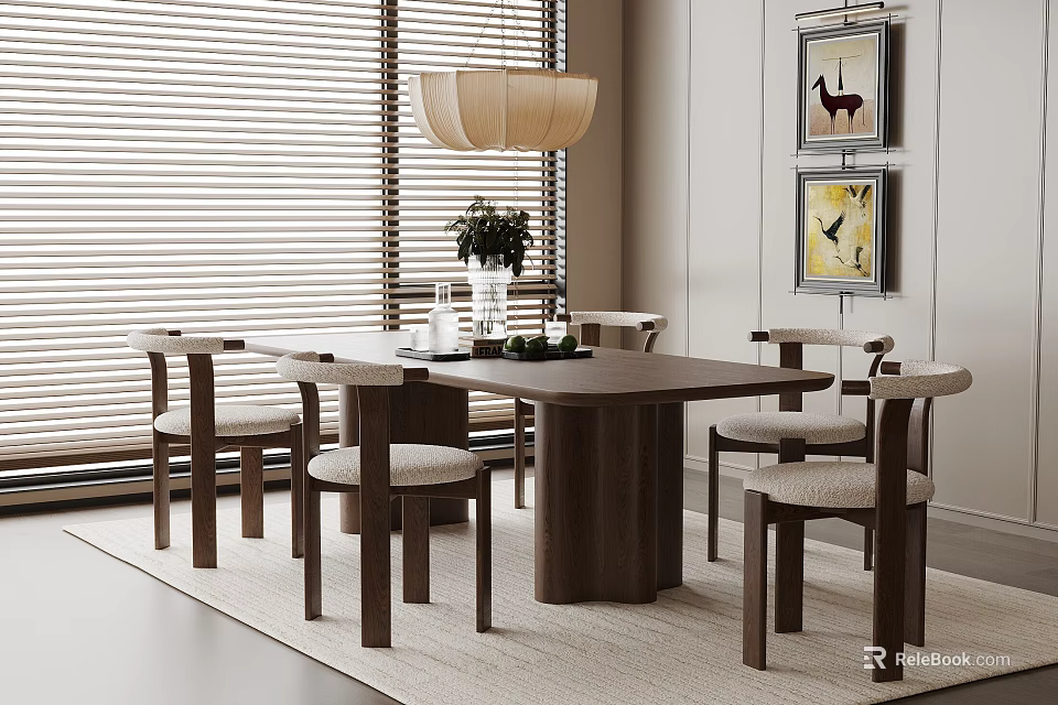Wooden Dining Table And Chairs Set With Window Blinds Pendant Light And Decorative Paintings 3d model 