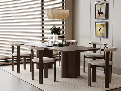Wooden Dining Table And Chairs Set With Window Blinds Pendant Light And Decorative Paintings 3d model