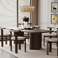 Wooden Dining Table And Chairs Set With Window Blinds Pendant Light And Decorative Paintings