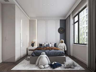 Modern Kids Room Interior With Bed Astronaut Doll Stuffed Toys Window And Wardrobe 3d model