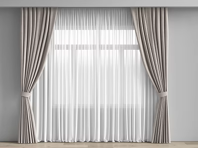 Beige Curtains With White Sheer Layers And Tiebacks For Window Interior 3d model