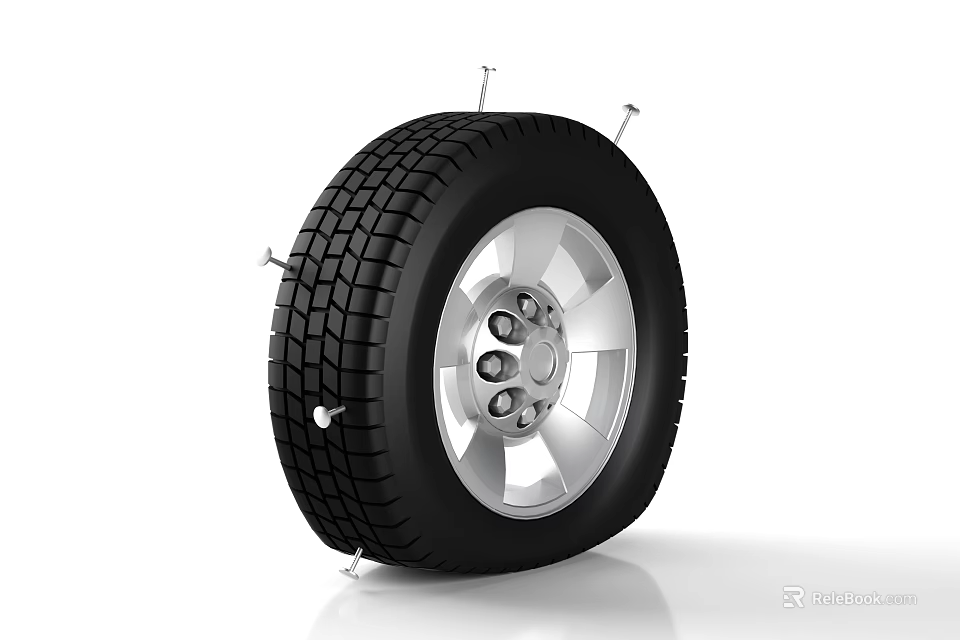 Car Tire With Black Tread Pattern And Silver Alloy Wheel Rim Design 3d model 