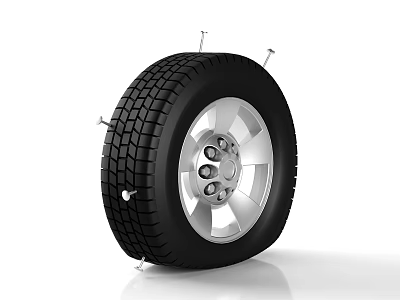 Car Tire With Black Tread Pattern And Silver Alloy Wheel Rim Design 3d model