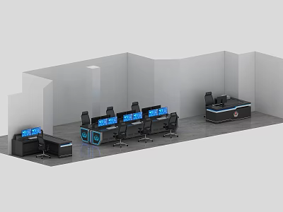Modern Office Workstation Desks With Multiple Computer Monitors And Chairs In Workspace 3d model