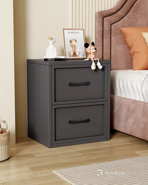 Gray Two Drawer Storage Cabinet in Bedroom Beside Bed with Stuffed Toy Photo Frame 3d model 