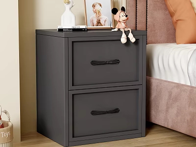 Gray Two Drawer Storage Cabinet in Bedroom Beside Bed with Stuffed Toy Photo Frame 3d model
