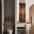 Modern Bathroom Interior With Tiled Walls Wooden Mirror Vanity Sink And Decorative Shelf