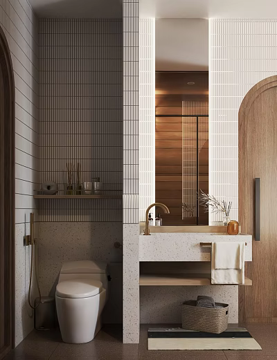 Modern Bathroom Interior With Tiled Walls Wooden Mirror Vanity Sink And Decorative Shelf 3d model
