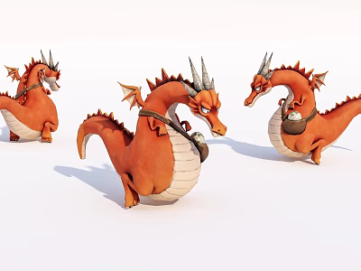Orange Horned Winged Dragon Game Movie Character With Bag Carrying Different Poses 3d model