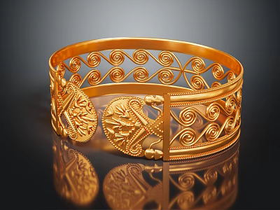 Elegant Gold Bracelet With Intricate Scroll And Peacock Carved Patterns 3d model