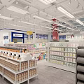 Bright Mall Store With Neatly Arranged Shelves And Various Food Products