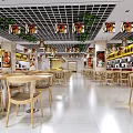Spacious Restaurant Interior With Wooden Tables Chairs Hanging Lamps And Decorative Paintings