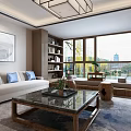 Modern Living Room Interior With White Sofa Glass Coffee Table Bookshelves And Large Windows