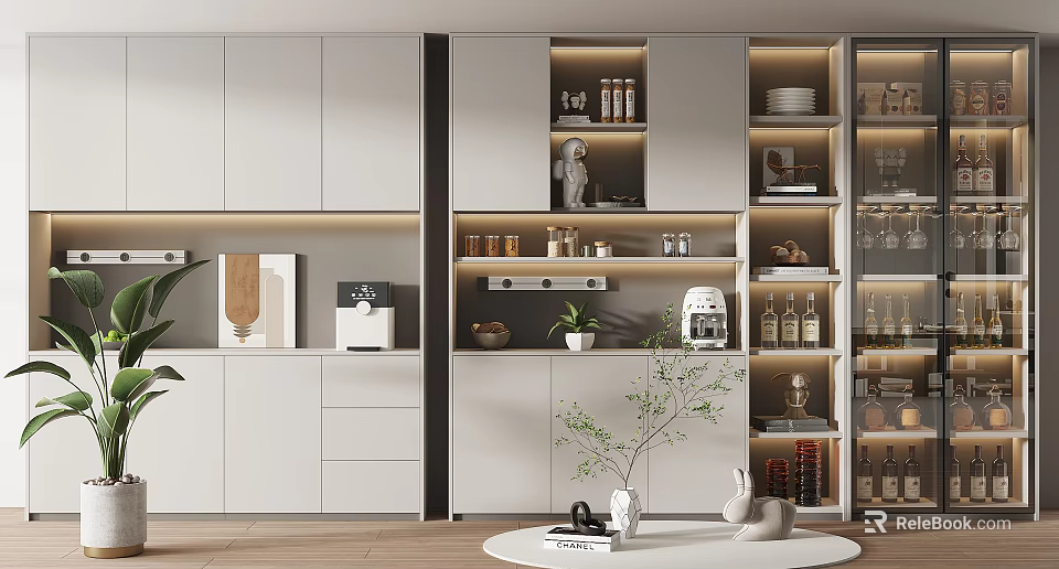 Modern Wine Cabinet With LED Lighting Glass Doors And Decorative Storage Shelves 3d model 
