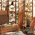 Lounge Room Interior With Wooden Screens Rattan Bean Bag Chair Green Plants Natural Light And Wooden Armchair