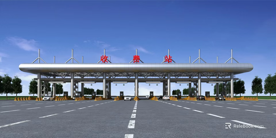 Highway Toll Station Plaza With Covered Structure And Multiple Traffic Lanes 3d model 