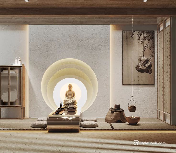 Zen Traditional Tea Room Interior Design With Buddha Statue Tatami Mats And Hanging Painting 3d model 