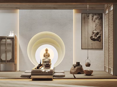 Zen Traditional Tea Room Interior Design With Buddha Statue Tatami Mats And Hanging Painting 3d model