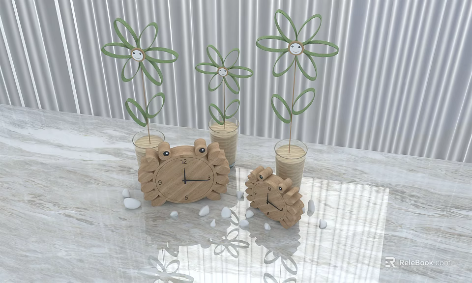 Wooden Crab Shaped Clock With Green Flower Decorations Wooden Planters White Pebbles On Marble Tabletop 3d model 