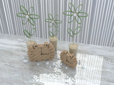 Wooden Crab Shaped Clock With Green Flower Decorations Wooden Planters White Pebbles On Marble Tabletop 3d model