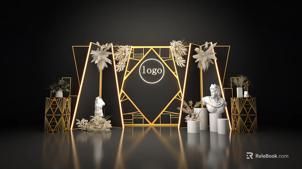 Elegant Event Backdrop With Golden Geometric Frames Logo Space Flowers White Sculptures Against Black Background 3d model 