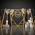 Elegant Event Backdrop With Golden Geometric Frames Logo Space Flowers White Sculptures Against Black Background