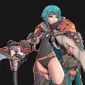 Teal Haired Character in Armored Attire With Mythical Creature Companion