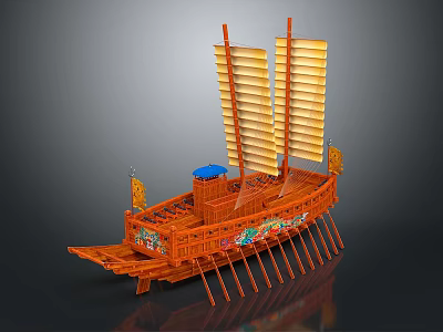 Traditional Chinese Ancient Water Vessel Model With Yellow Sails Oars And Decorative Paintings 3d model