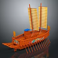 Traditional Chinese Ancient Water Vessel Model With Yellow Sails Oars And Decorative Paintings