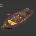 Wooden Rowboat Featuring Red Lifebuoy Paddle And Storage Items On Water